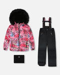Two-Piece Play Snowsuit With Multicolor Print Jacket And Solid Pant Black